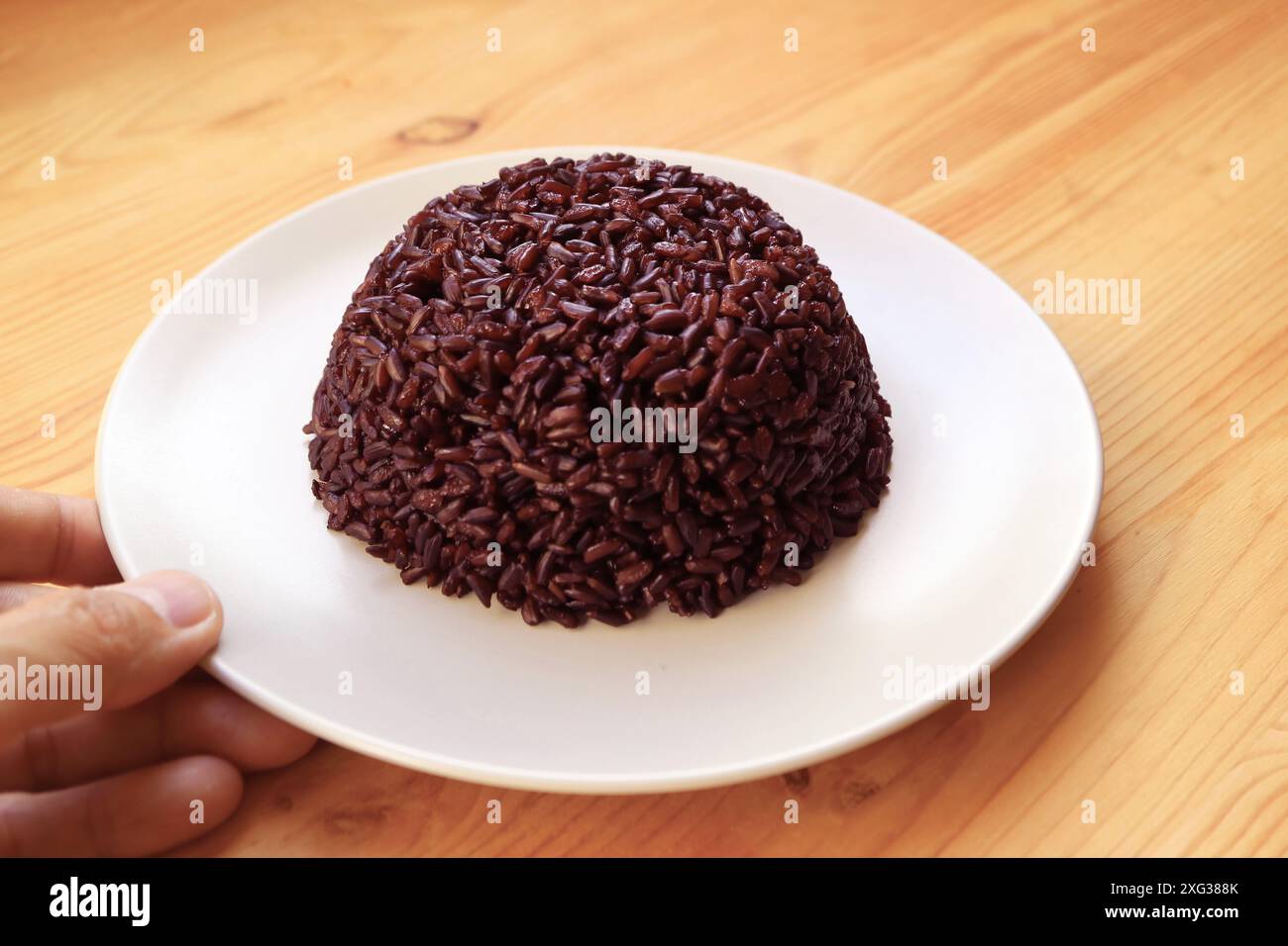 Assiette de riz riceberry fraîchement cuit, un Carb à indice glycémique moyen à faible avec de nombreux avantages pour la santé Banque D'Images