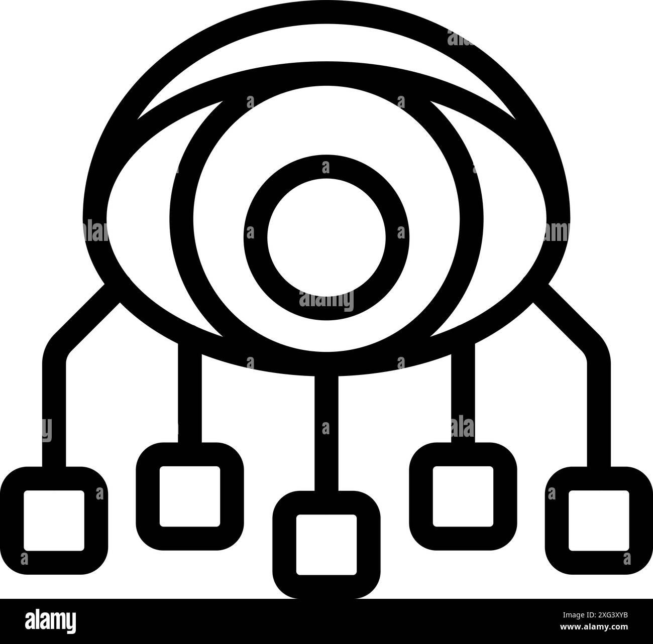 Eye surveille plus de cinq blocs connectés à un réseau, symbolisant le flux de données et l'analyse Illustration de Vecteur