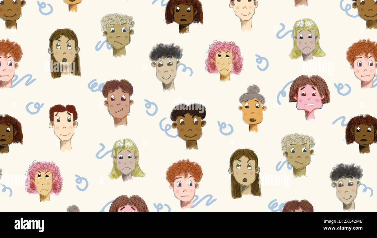 Visages avec des expressions sans couture. Conception de motif de surface. Illustrations dessinées à la main Illustration de Vecteur
