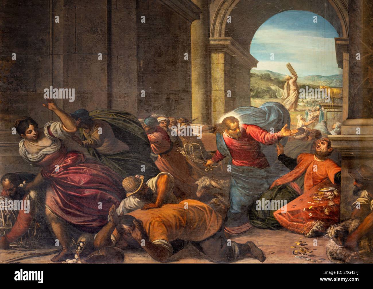 PÉROUSE, ITALIE - 18 MAI 2024 : la peinture de Jésus nettoie la scène du Temple dans l'église Basilica di San Pietro par Antonio Vassillachi - l'Aliense Banque D'Images