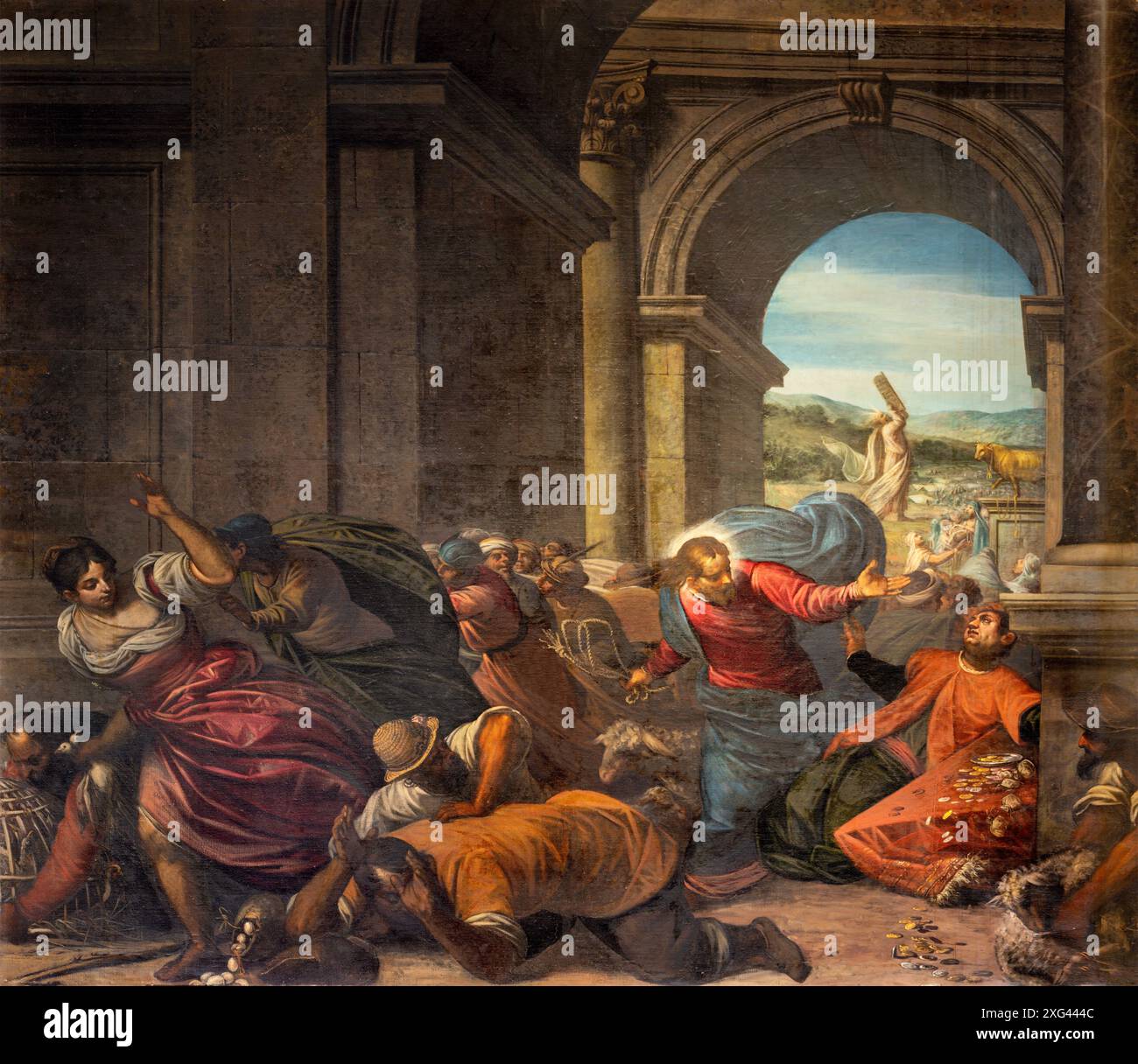 PÉROUSE, ITALIE - 18 MAI 2024 : la peinture de Jésus nettoie la scène du Temple dans l'église Basilica di San Pietro par Antonio Vassillachi - l'Aliense Banque D'Images