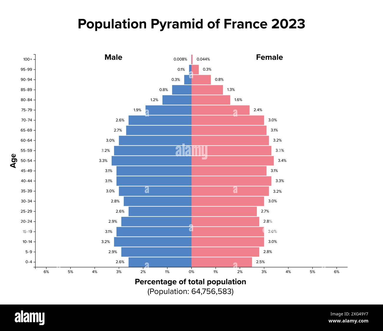 Pyramide des populations de France 2023. Diagramme de la structure par âge et illustration graphique de la répartition de près de 65 millions de personnes. Banque D'Images