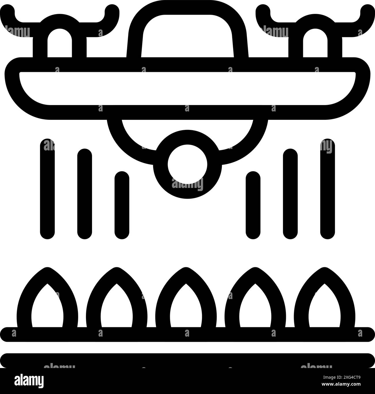 Icône de ligne d'un drone pulvérisant du liquide sur les cultures, représentant l'agriculture moderne et la technologie agricole Illustration de Vecteur