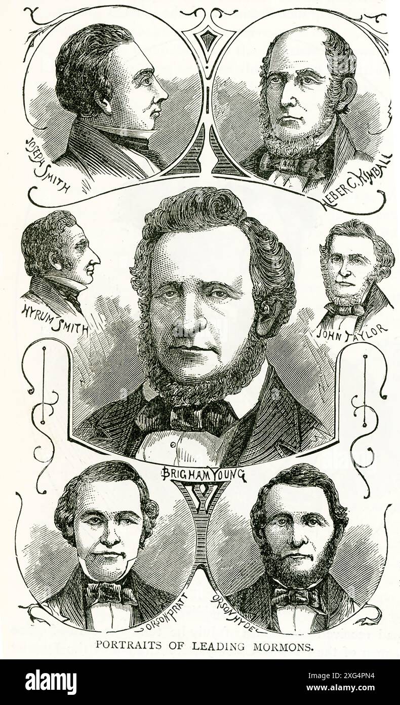 La légende de cette illustration du XIXe siècle identifie ces individus comme les « principaux mormons ». Ce sont, de haut en bas, de gauche à droite : Joseph Smith, Heber Kimball, John Taylor, Hyrum Smith, Brigham Young, Orson Pratt, Orson Hyde. L'Église de Jésus-Christ des Saints des derniers jours, officieusement connue sous le nom d'Église LDS ou Église mormone, est une confession chrétienne restaurationniste et non trinitaire et le plus grand groupe du mouvement des Saint des derniers jours. L'église a son siège social aux États-Unis à Salt Lake City, Utah et a établi des congrégations et construit des temples dans le monde entier. Le c Banque D'Images