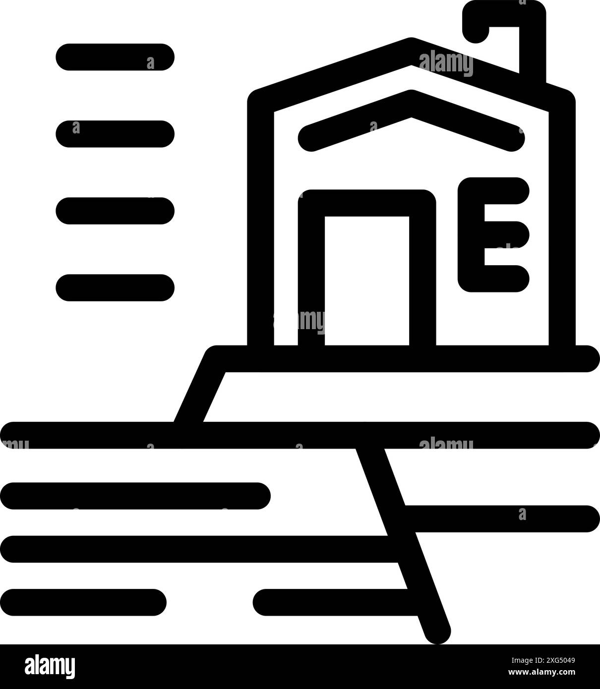Icône de contour noir d'une maison debout sur le bord d'une fissure profonde dans le sol causée par un tremblement de terre Illustration de Vecteur
