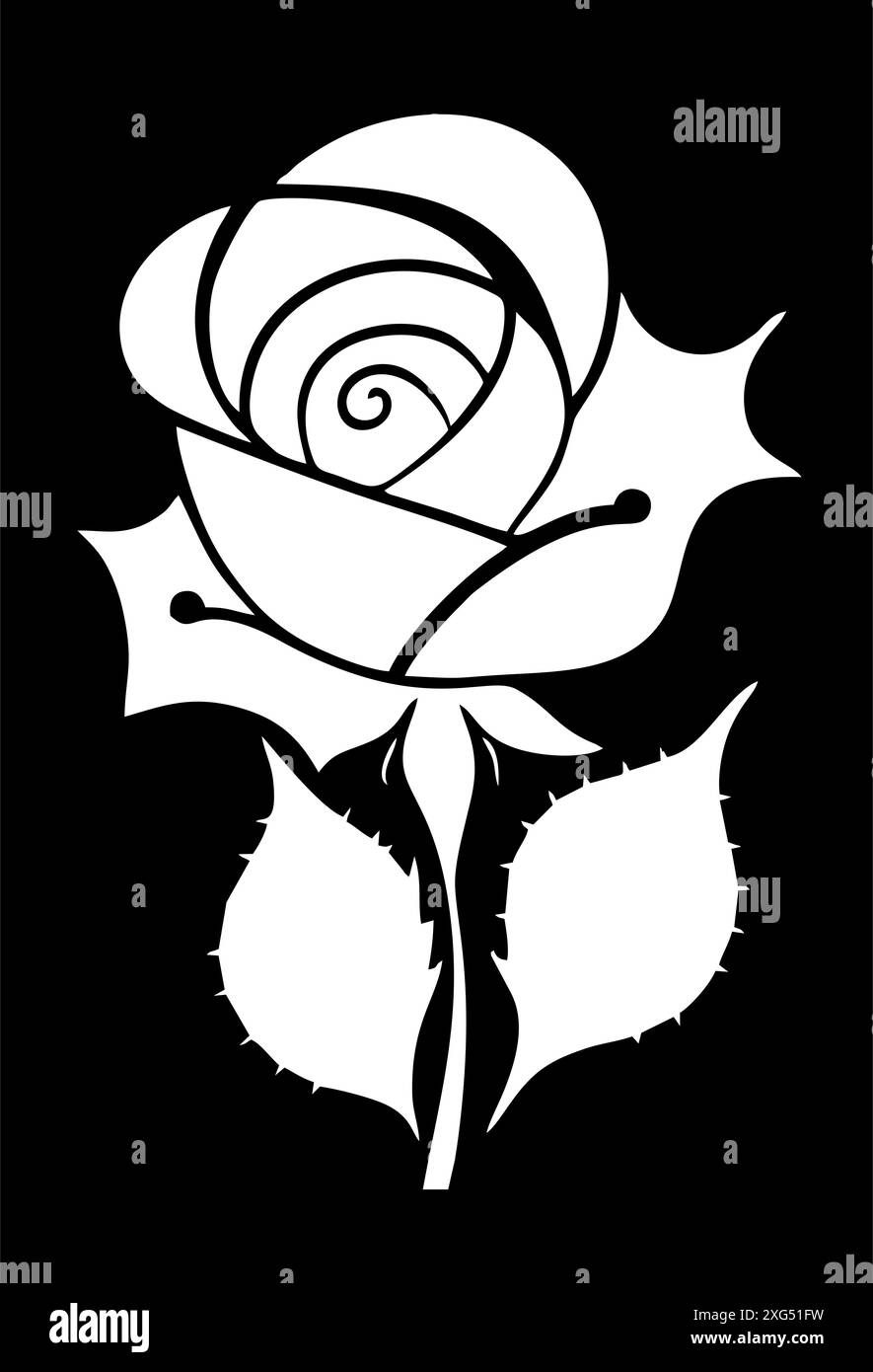 dessin graphique blanc d'une fleur de rose avec des feuilles sur un fond noir, logo Banque D'Images