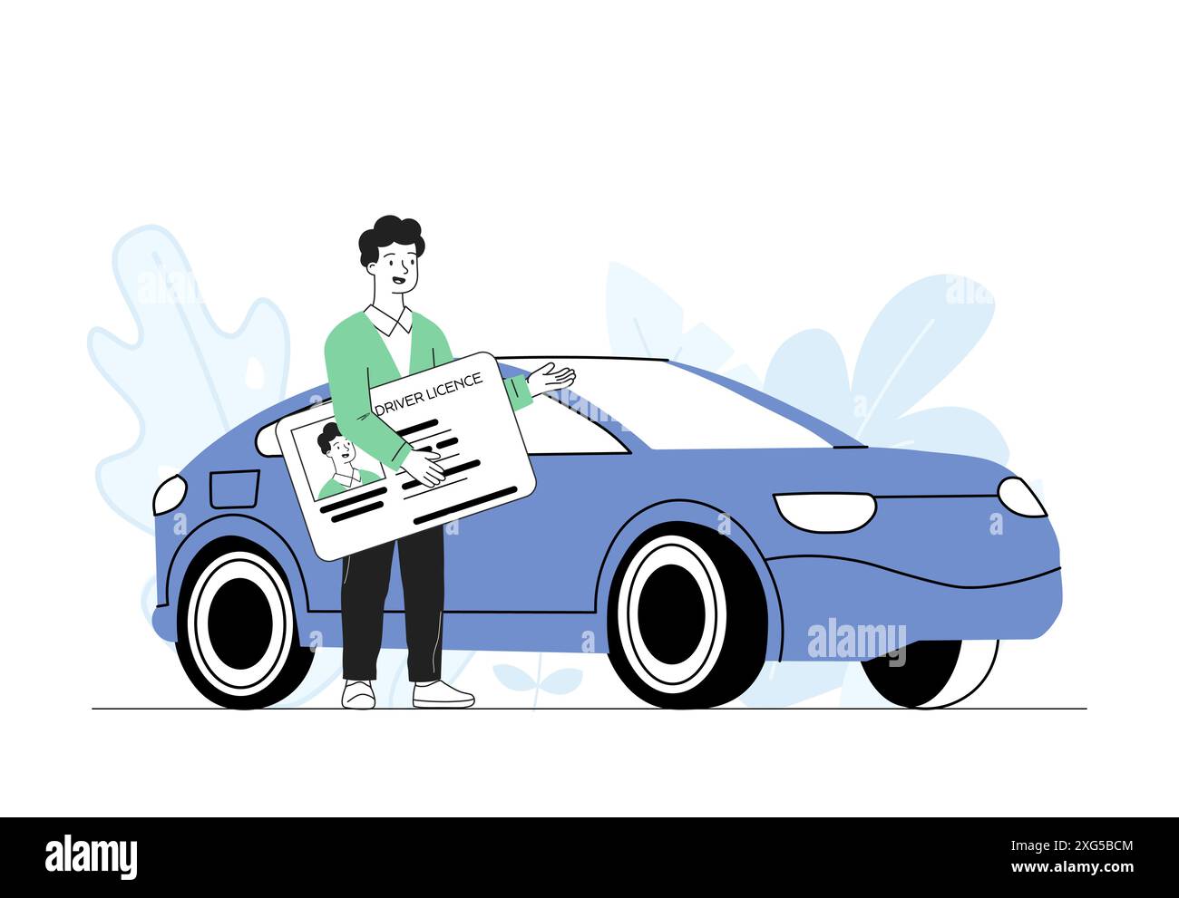 Homme avec permis de conduire. Jeune homme avec de gros documents près de l'automobile. Autorisation de conduire. Chauffeur avec carte d'identité près du transport. Vecteur linéaire Illustration de Vecteur