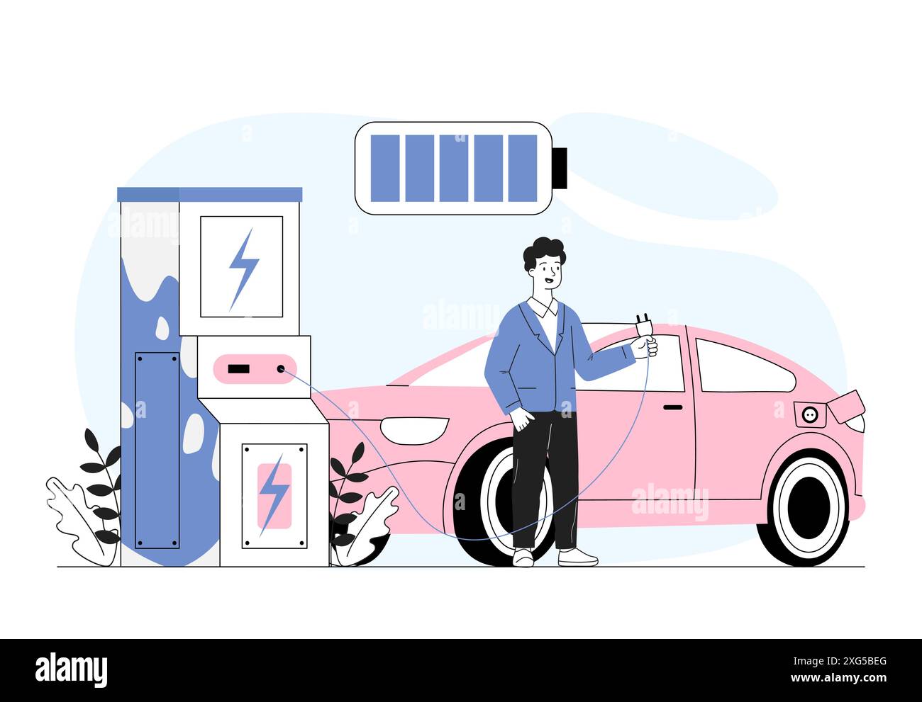 Homme avec voiture électrique. Jeune homme charge automobile écologique. Réduction des rejets de déchets dangereux et de CO2 dans l'atmosphère. Vecteur linéaire Illustration de Vecteur