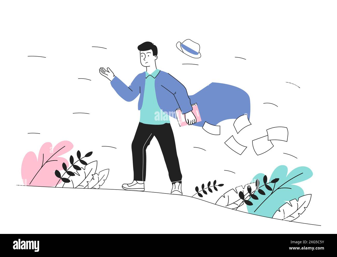 Homme par temps venteux. Le jeune gars perd des documents et son chapeau. Automne et saison d'automne. La personne souffre d'un fort flux de vent. Promenade des personnages en ville Illustration de Vecteur