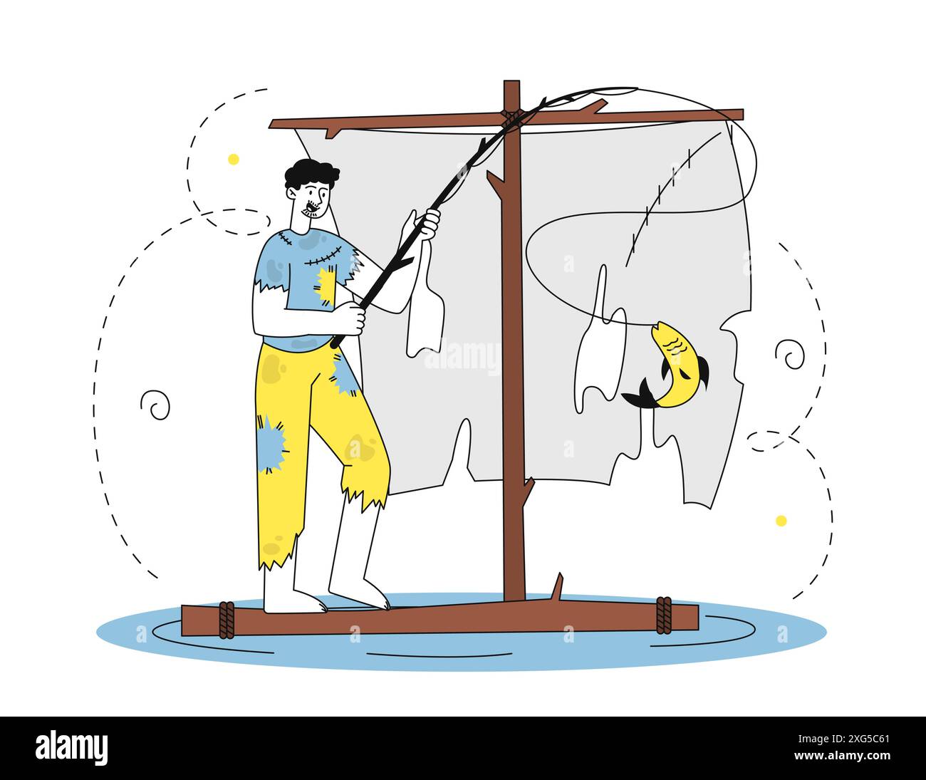 Concept de survivant de naufrage. Un homme en vêtements déchirés flotte sur un radeau avec un drapeau déchiré. Jeune homme après un accident et un désastre en mer ou en océan. Plat linéaire Illustration de Vecteur