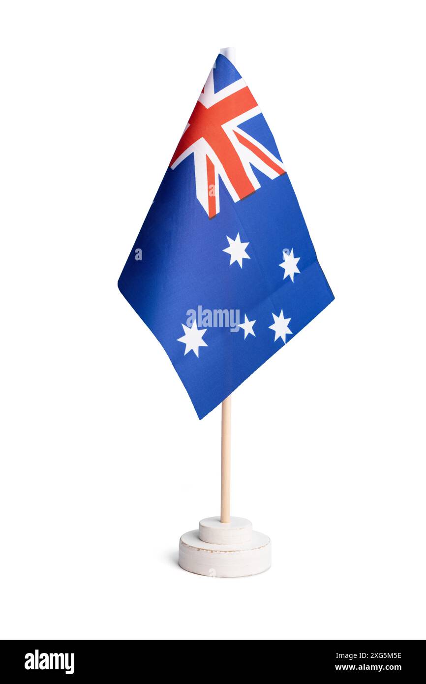 Petit drapeau de table de l'Australie isolé sur fond blanc Banque D'Images