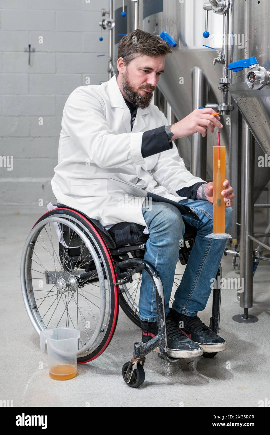 Personne handicapée qui utilise un fauteuil roulant travaillant à l'usine de bière artisanale. Photographie de haute qualité Banque D'Images