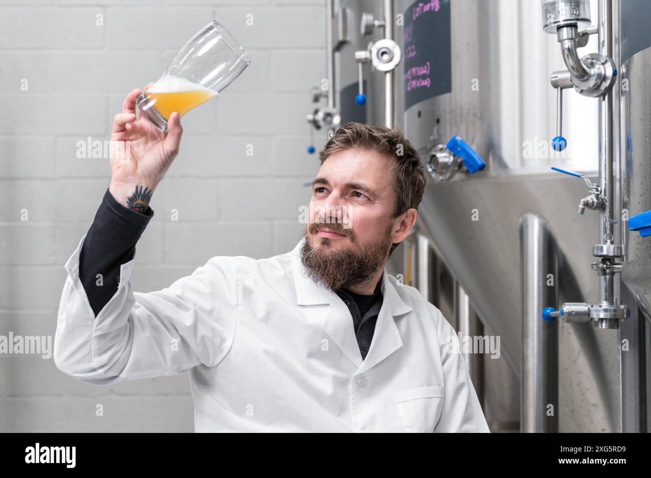 Brasseur portant une couche blanche contrôlant le processus de fermentation de la bière tout en travaillant dans une usine de bière moderne. Photographie de haute qualité Banque D'Images