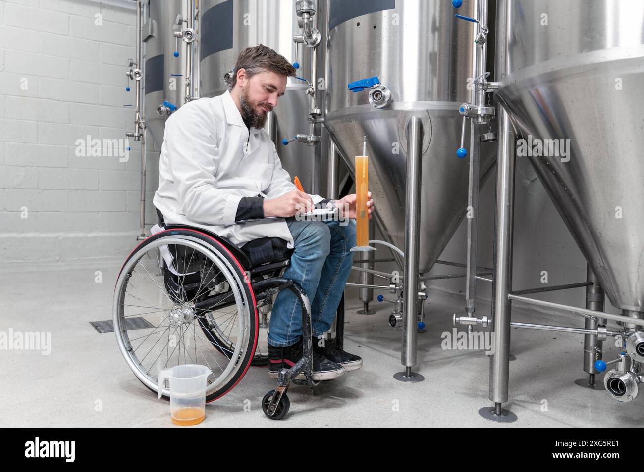 Personne handicapée qui utilise un fauteuil roulant travaillant à l'usine de bière artisanale. Photographie de haute qualité Banque D'Images