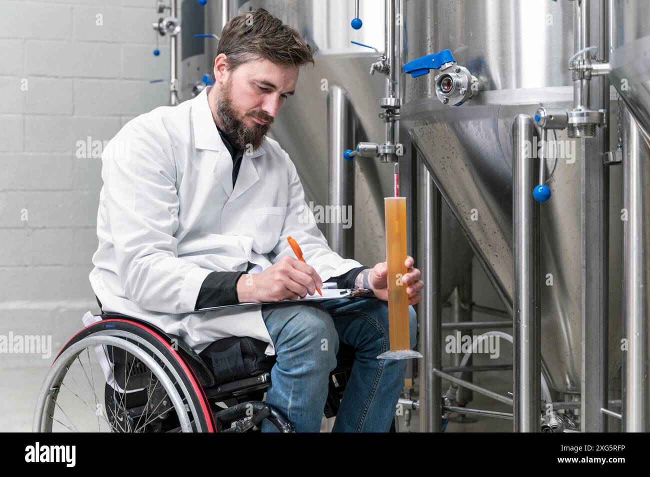 Personne handicapée qui utilise un fauteuil roulant travaillant à l'usine de bière artisanale. Photographie de haute qualité Banque D'Images