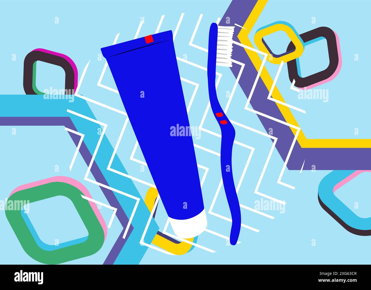 Fond de thème rétro graphique géométrique de brosse à dents et de dentifrice. Éléments géométriques minimaux. Illustration vectorielle de formes abstraites vintage. Illustration de Vecteur
