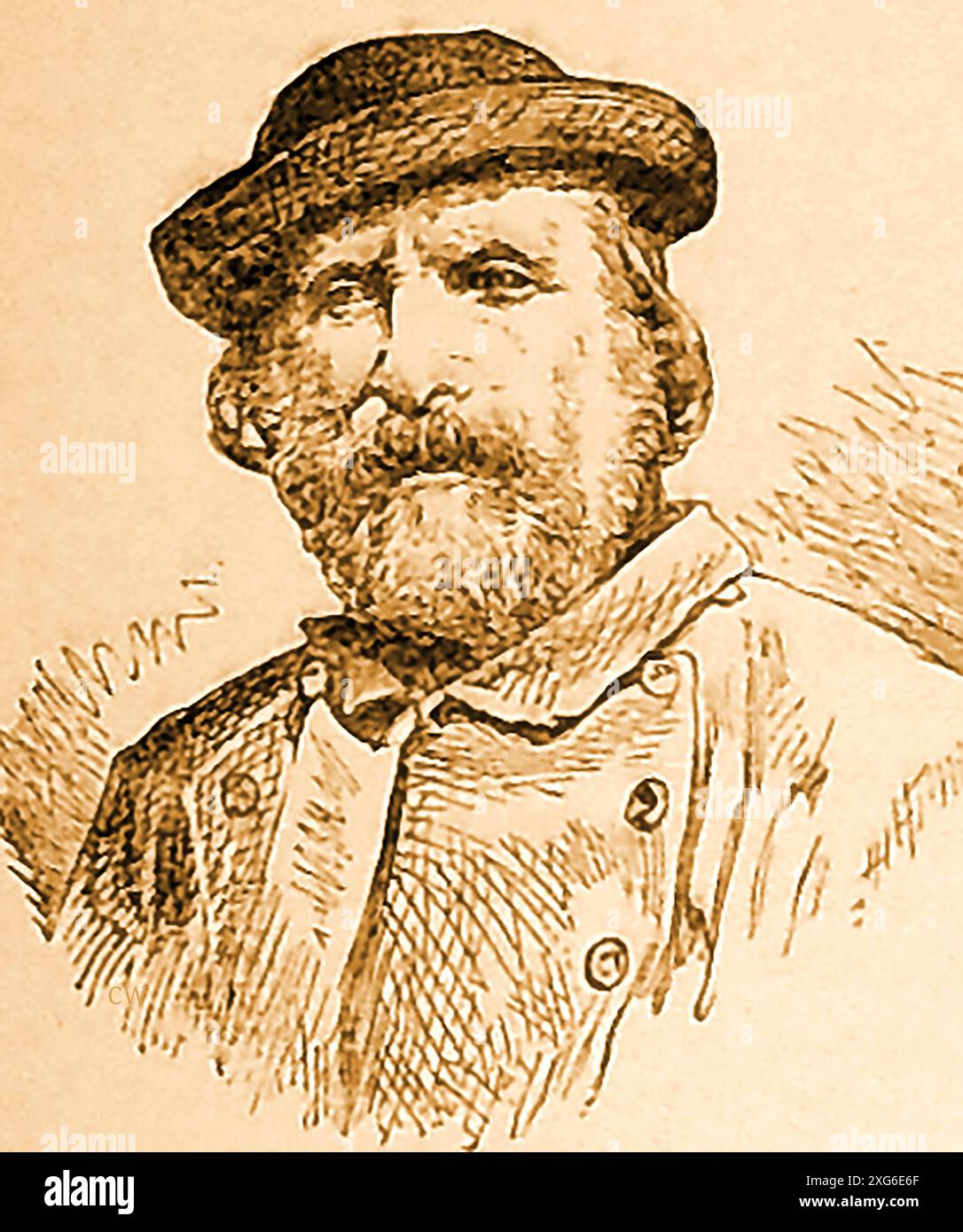 Une gravure ancienne montrant un portrait de Giuseppe Garibaldi (Giuseppe Maria Garibaldi) (1807-1882), général italien d'origine française, patriote, révolutionnaire et républicain qui a contribué à l'unification italienne (Risorgimento) et à la formation du Royaume d'Italie. - -Incisione antica che mostra un ritratto di Giuseppe Garibaldi (Giuseppe Maria Garibaldi) (1807-1882), generale Italiano, patriota, rivoluzionario e répubblicano che contribuì all'unificazione Italiana (Risorgimento) e alla formazione del Regno d'Italia. - Banque D'Images