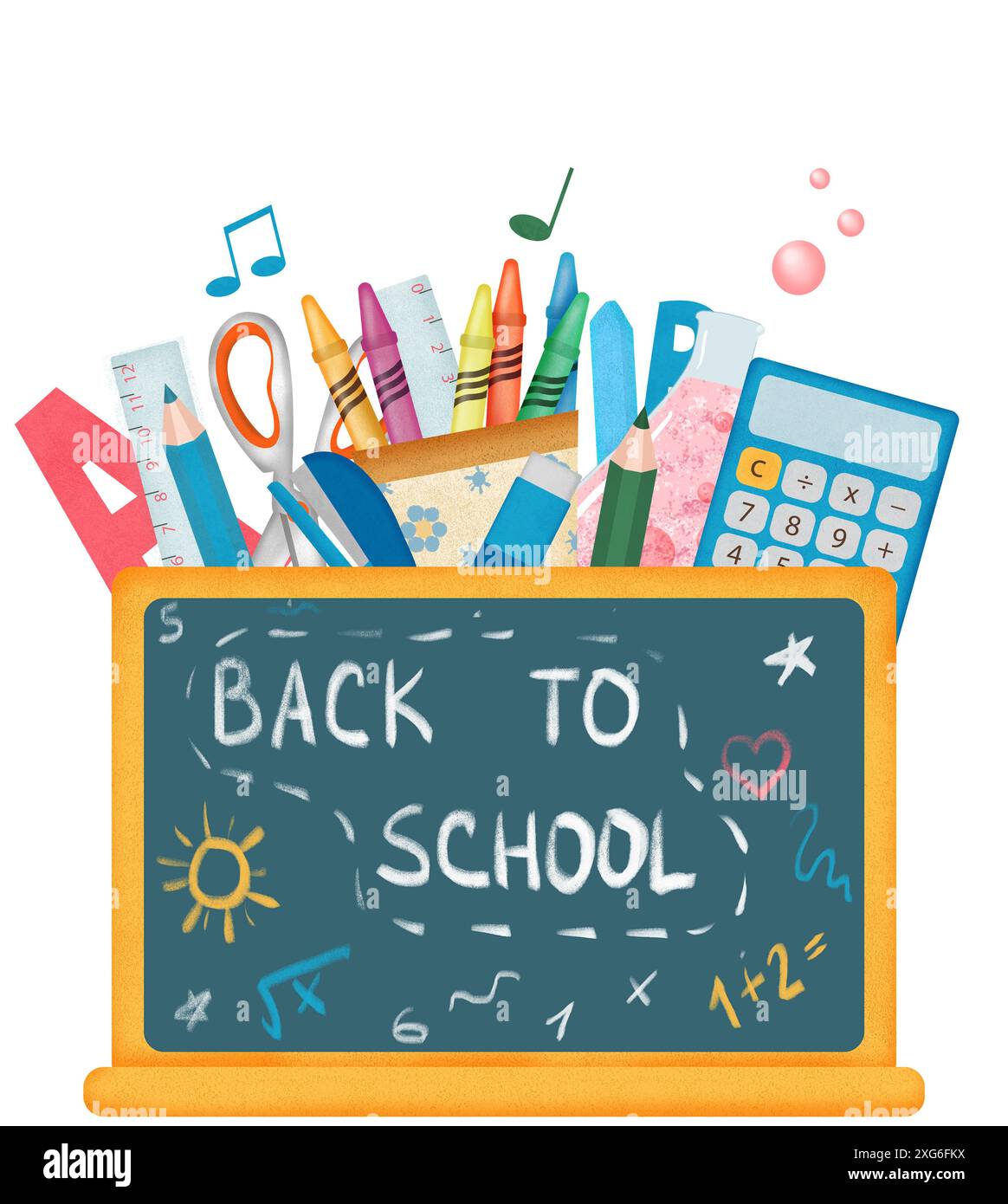 Éléments de retour à l'école, fournitures pour enfants, école mignonne pour enfants, collection d'école pour enfants, illustrations dessinées à la main Banque D'Images