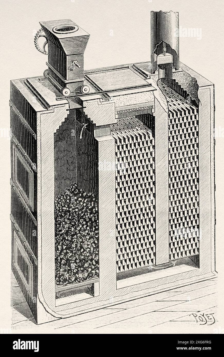 Fabrication de gaz de l'eau, une sorte de gaz combustible, un mélange de monoxyde de carbone et d'hydrogène. Ancienne illustration gravée du XIXe siècle de la nature 1886 Banque D'Images