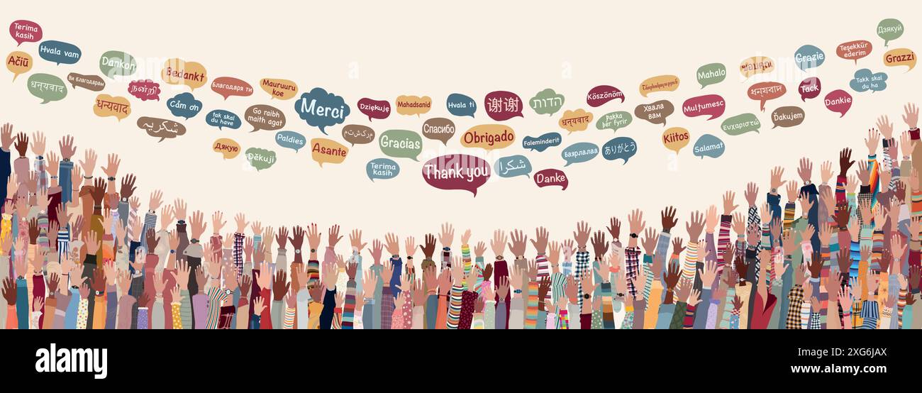 Bannière avec de nombreuses mains levées de personnes multiculturelles de différentes Nations et continents avec des bulles de discours avec du texte -MERCI- en langues Illustration de Vecteur