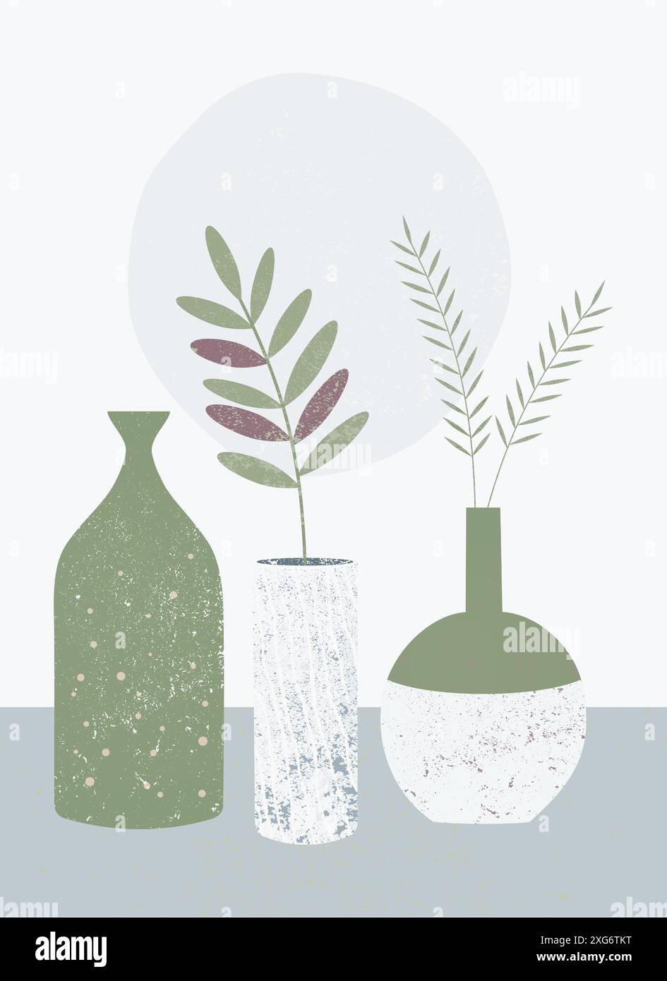 Art mural avec vases abstraits et plantes pour une esthétique rustique. Texture grunge. Décor boho imprimable. Vert, bleu, blanc, violet couleur. Moderne Illustration de Vecteur