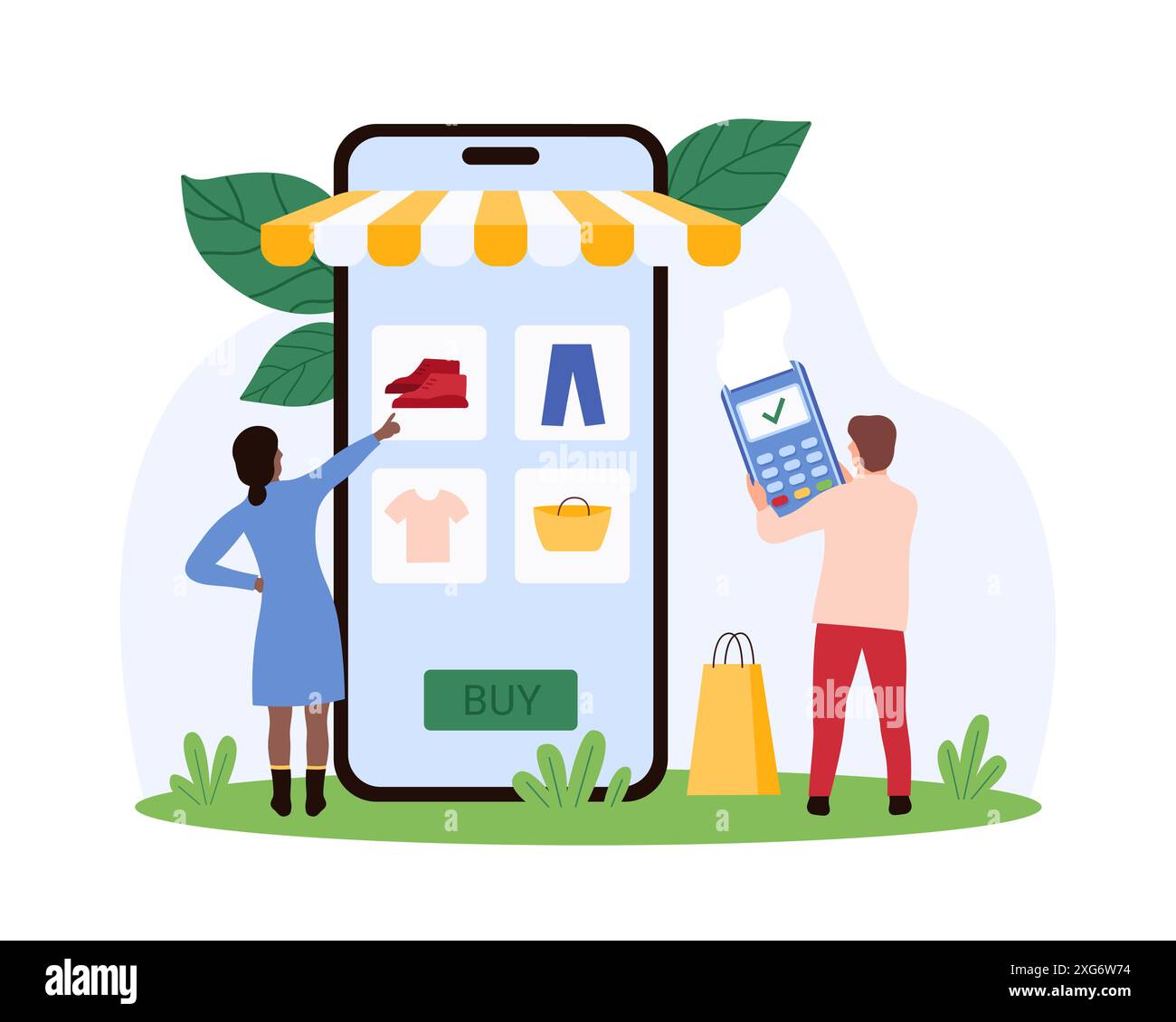 Achats en ligne dans le magasin de vêtements, ventes dans l'application mobile de magasin de détail. Les gens minuscules sélectionnent la catégorie de produit sur l'écran de smartphone pour payer la commande et acheter des vêtements et chaussures illustration vectorielle de dessin animé Illustration de Vecteur