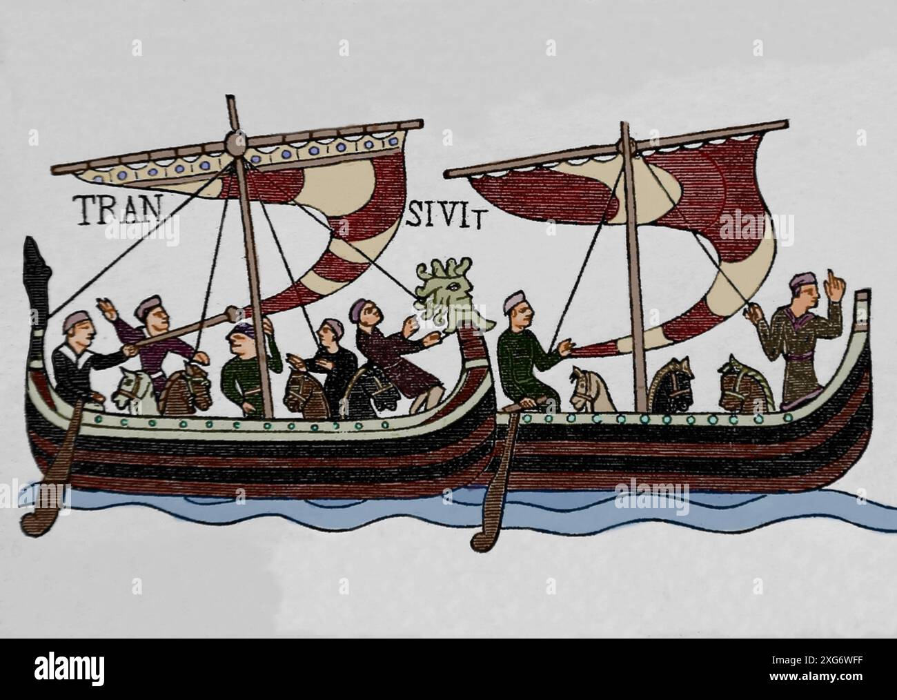 Europe médiévale. xie siècle. Gravure de la tapisserie de Bayeux. Invasion normande. Chevaux transportés à bord de navires Banque D'Images