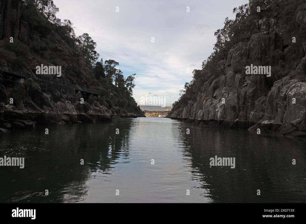 Les pentes abruptes d'un côté ont une passerelle dans la réserve Cataract gorge menant à la rivière Tamar à Launceston, Tasmanie, Australie. Banque D'Images