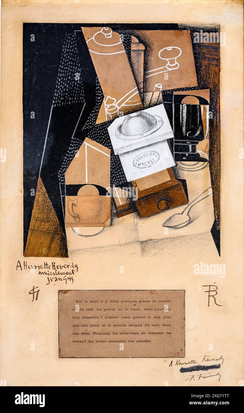 Moulin à café, tasse et verre sur table, par l'artiste espagnol Juan gris, charcol, crayon, collage et huile sur papier, 1915/16. Juan gris 1887 - 1927, Banque D'Images