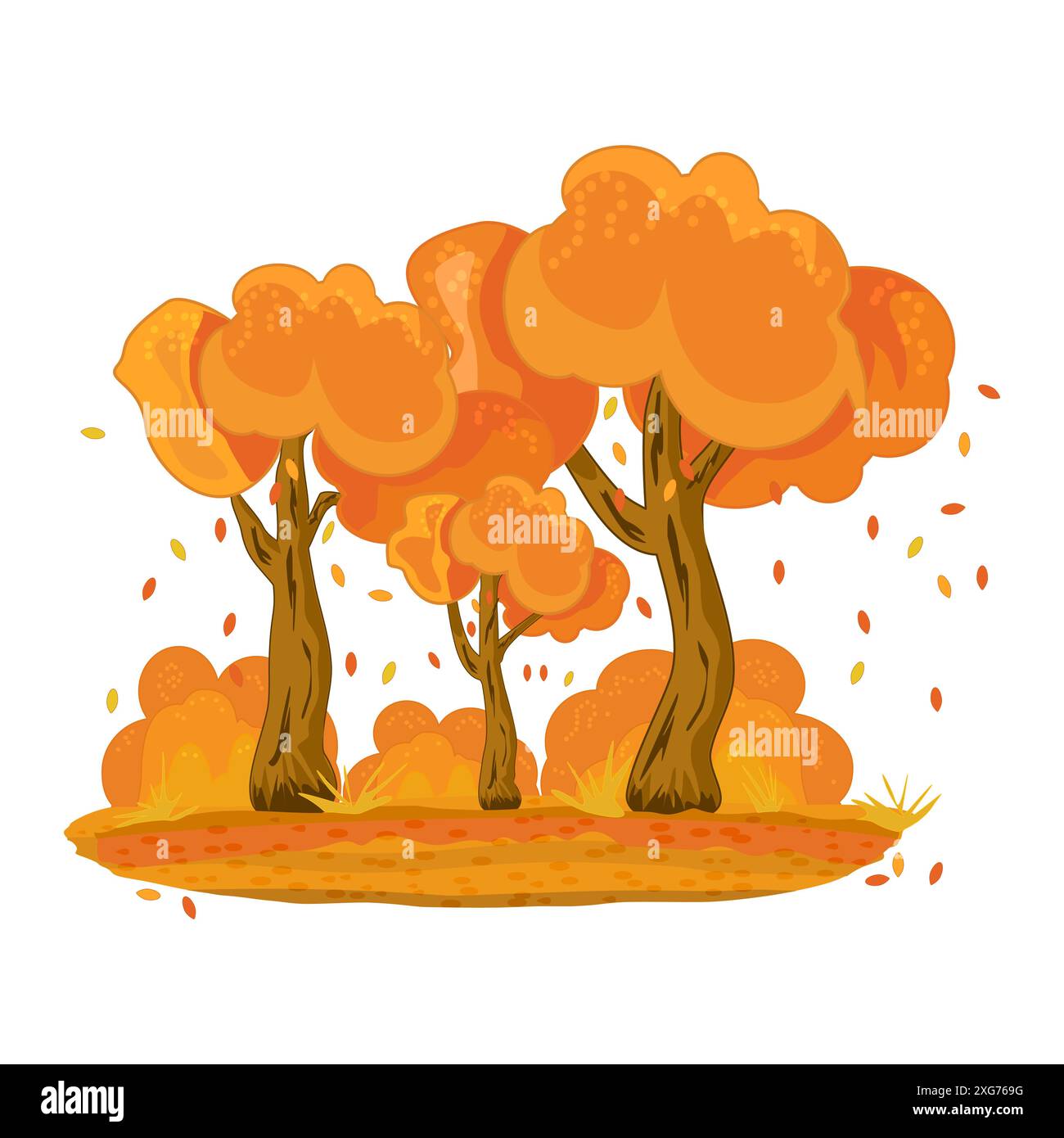Arbres d'automne avec arbustes. Arbres et feuilles tombantes dans des tons orange. Jardin doré de saison automnale ou arbre forestier d'automne. Météo automnale et nature. Vecteur Illustration de Vecteur