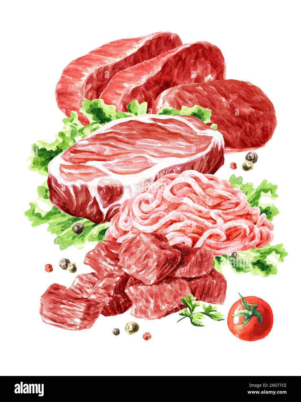 Ferme crue bio Meet, concepts alimentaires. Illustration d'aquarelle dessinée à la main, isolée sur fond blanc Banque D'Images