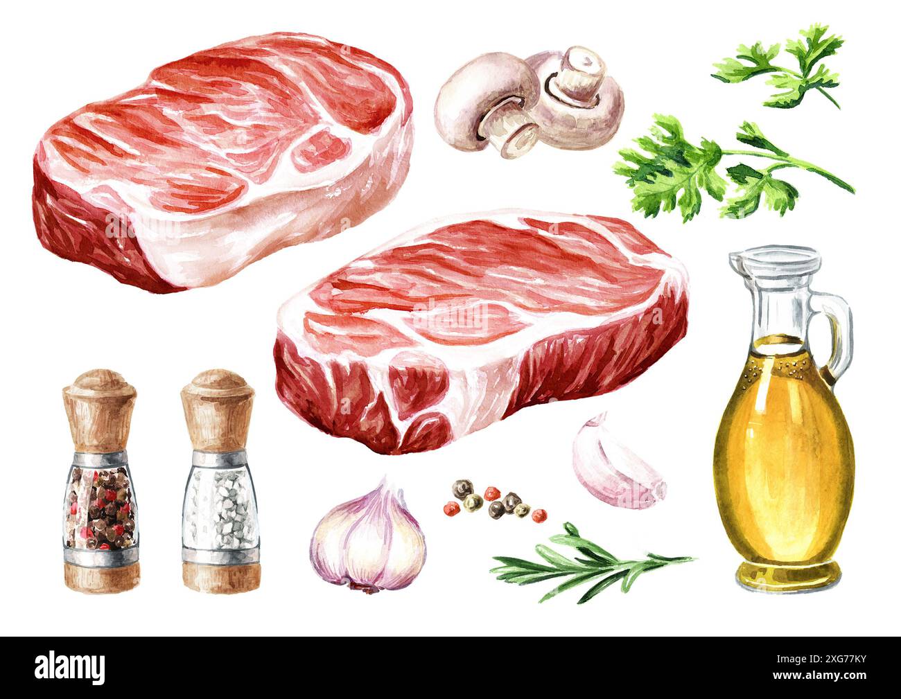 Steak de bœuf de ferme biologique frais cru avec légumes et herbes. Concepts de cuisson des aliments. Illustration d'aquarelle dessinée à la main isolée sur fond blanc Banque D'Images