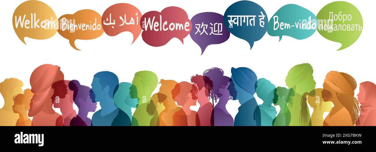 Silhouette personnes multiculturelles côté de différents pays et continents avec des bulles de discours avec du texte -Bienvenue- dans différentes langues internationales. Illustration de Vecteur