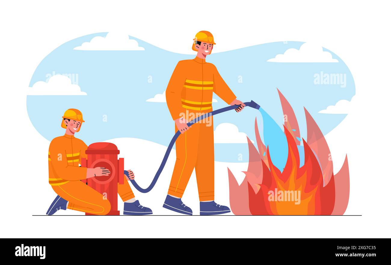 Équipe de pompiers. Les hommes en combinaisons de protection orange versent de l'eau du tuyau sur les flammes. Les sauveteurs aident en situation d'urgence. Les gens avec bouche d'incendie. Dessin animé Illustration de Vecteur