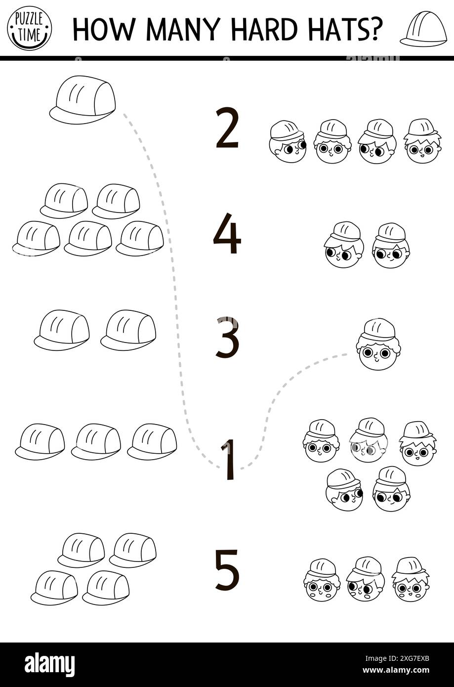 Faites correspondre les numéros noir et blanc jeu de chantier de construction avec des constructeurs, casque dur. Building Works activité mathématique pour les enfants. Service de réparation éducation co Illustration de Vecteur