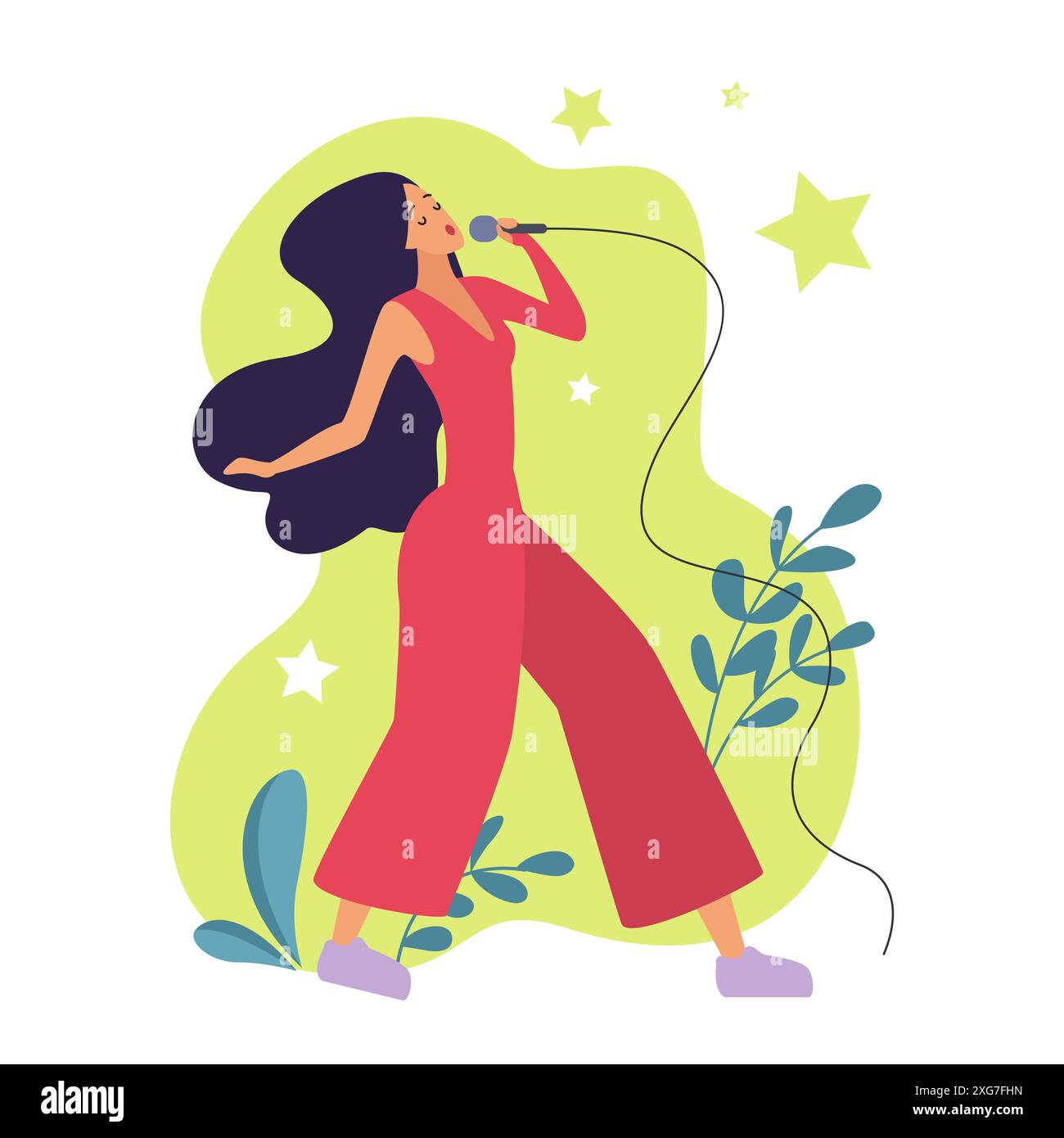 Personnage féminin de talent chantant dans le microphone, émotions de personnalité et illustration vectorielle d'inspiration Illustration de Vecteur