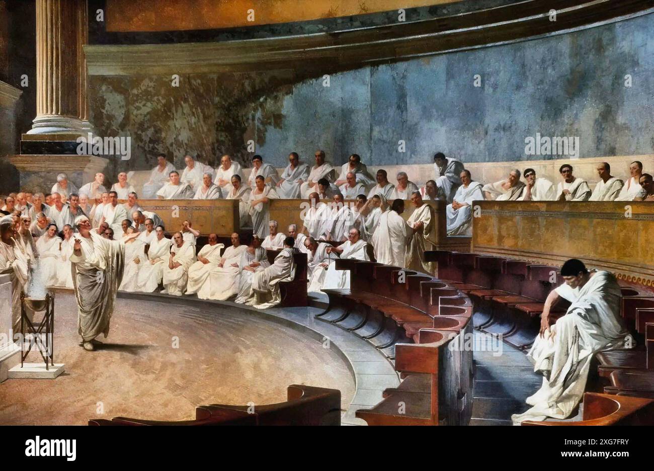 Cicéron s'adresse au Sénat romain pour dénoncer le complot de Catiline pour renverser la République, par Cesare Maccari Banque D'Images