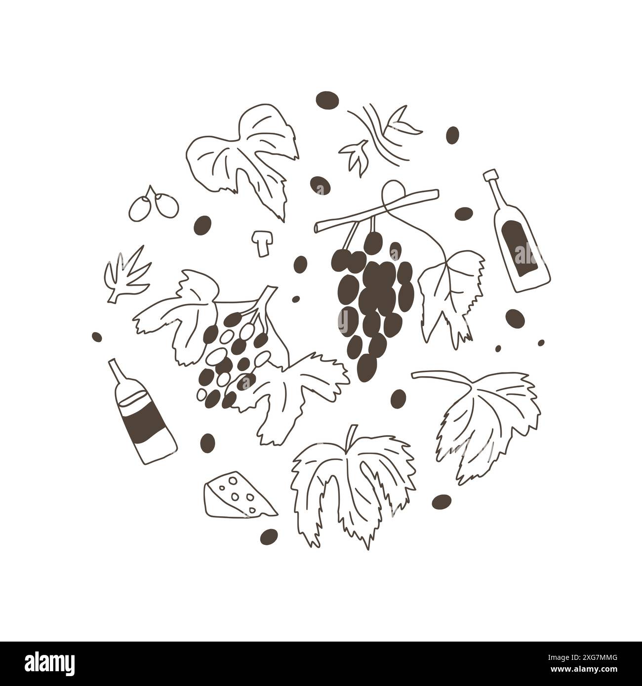 Emblème circulaire de la fête du vin. Badge rond de bouteilles et de vignes. Illustration de collection de doodle dessinée par vecteur à la main isolée sur fond blanc Illustration de Vecteur