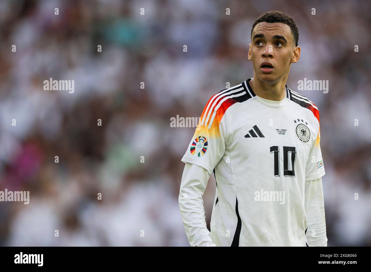 Stuttgart, Allemagne. 5 juillet 2024. Jamal Musiala, de l'Allemagne, regarde pendant le match de football quart de finale de l'UEFA EURO 2024 entre l'Espagne et l'Allemagne. Crédit : Nicolò Campo/Alamy Live News Banque D'Images