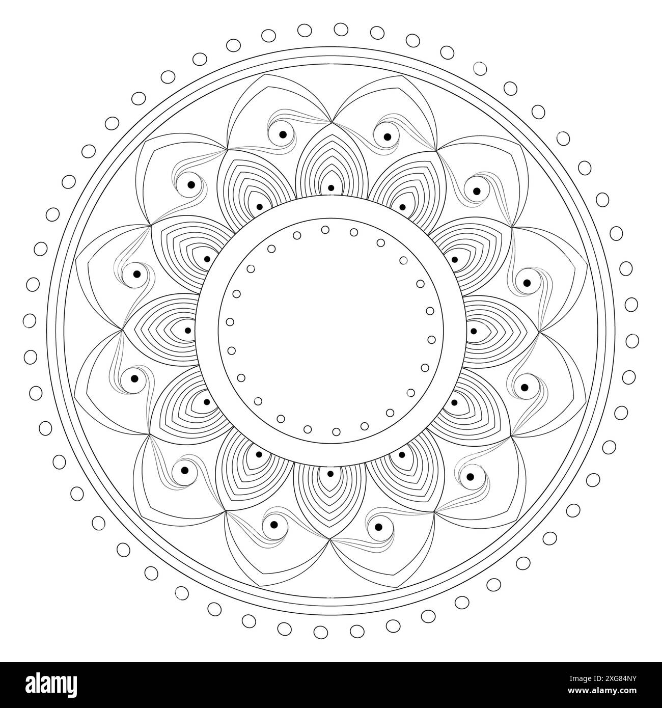 Une image noire d'un dessin circulaire sur un fond blanc. Mandala noir en fond blanc vecteur. Ornement laconique avec espace vide à l'intérieur pour le Banque D'Images