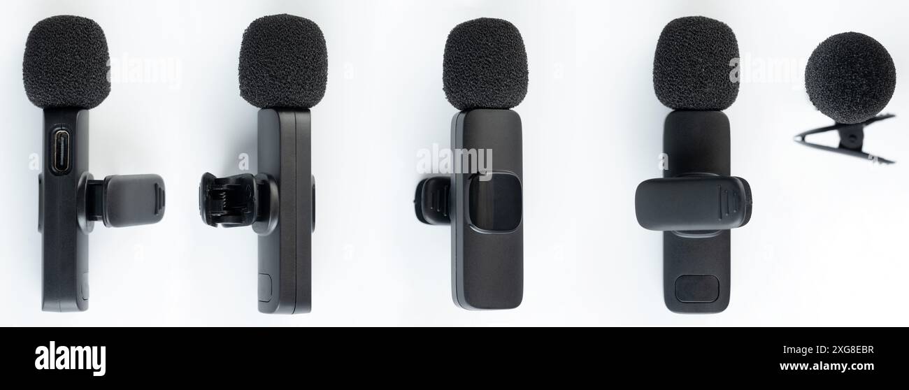 Vue différente du microphone sans fil avec clip isolé sur fond blanc de studio Banque D'Images