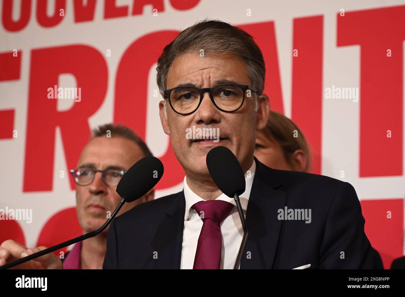 Paris, France. 07 juillet 2024. Julien Mattia/le Pictorium - soirée électorale au siège du Parti socialiste - 07/07/2024 - France/Paris - Olivier Faure réagit à la victoire du Nouveau Front populaire à la soirée électorale au siège du Parti socialiste pour le second tour des élections législatives de 2024. Crédit : LE PICTORIUM/Alamy Live News Banque D'Images