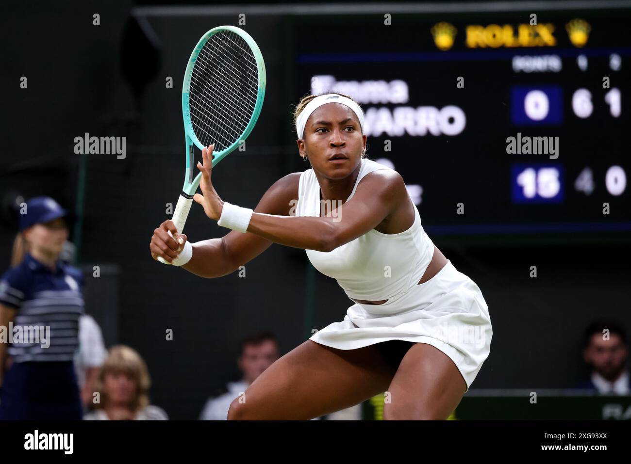 Wimbledon, Londres, Royaume-Uni. 07 juillet 2024. Numéro 2, Coco Gauff lors de sa défaite consécutive face à la compatriote Emma Navarro sur le court central à Wimbledon aujourd'hui. Crédit : Adam Stoltman/Alamy Live News Banque D'Images