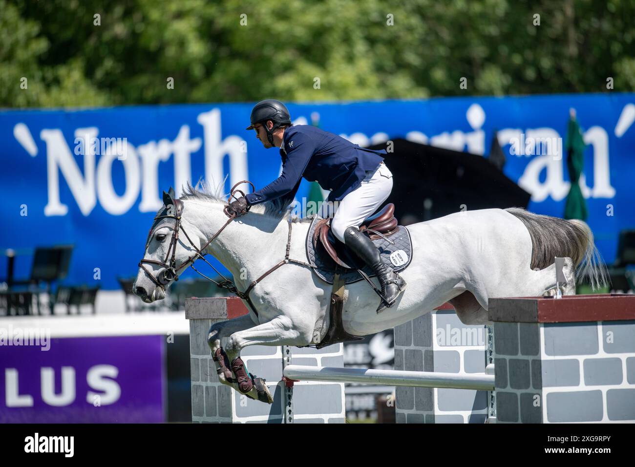 Calgary, Alberta, Canada, 7 juillet 2024. Luis Alejandro Plascendia O (MEX) Riding Jump Star SIH, North American Showjumping, Spruce Meadows, - Sun Life Banque D'Images