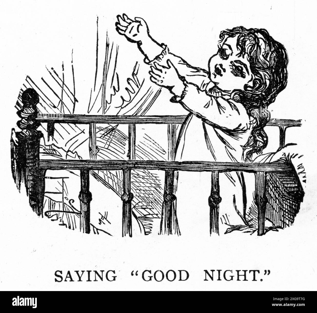 Gravure d'un tout-petit disant bonne nuit de son lit, vers 1880 Banque D'Images