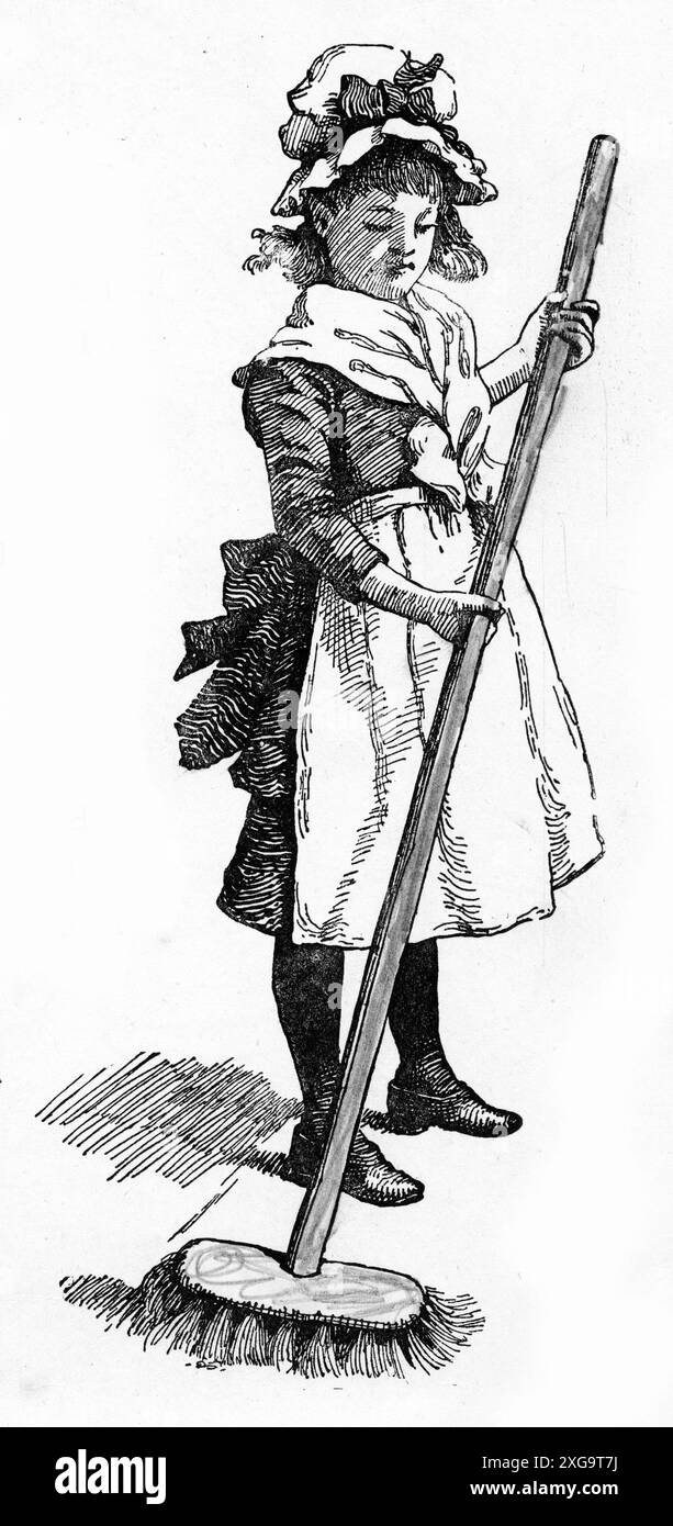 Gravure d'une fille balayant le sol avec un balai, vers 1880 Banque D'Images