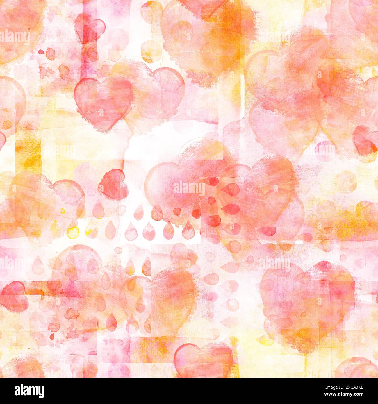 Motif de l'aquarelle transparente coeurs sur un patchwork pastel imprimer, Valentine day background Banque D'Images