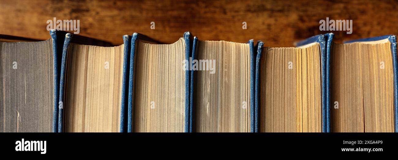 Vieux livres sur une étagère panoramique. La littérature classique dans une librairie d'occasion. Lecture de romans concept, bannière panoramique Banque D'Images