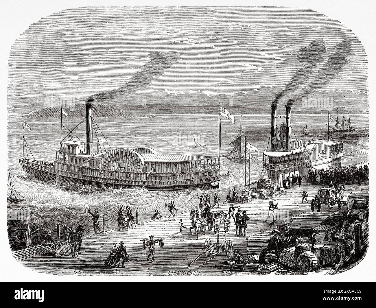 San Francisco docks, Californie. Etats-Unis d'Amérique, dessin d'Eustache Lorsay (1822-1871) voyage en Californie, 1859 de Louis Simonin (1830-1886) le Tour du monde 1862 Banque D'Images
