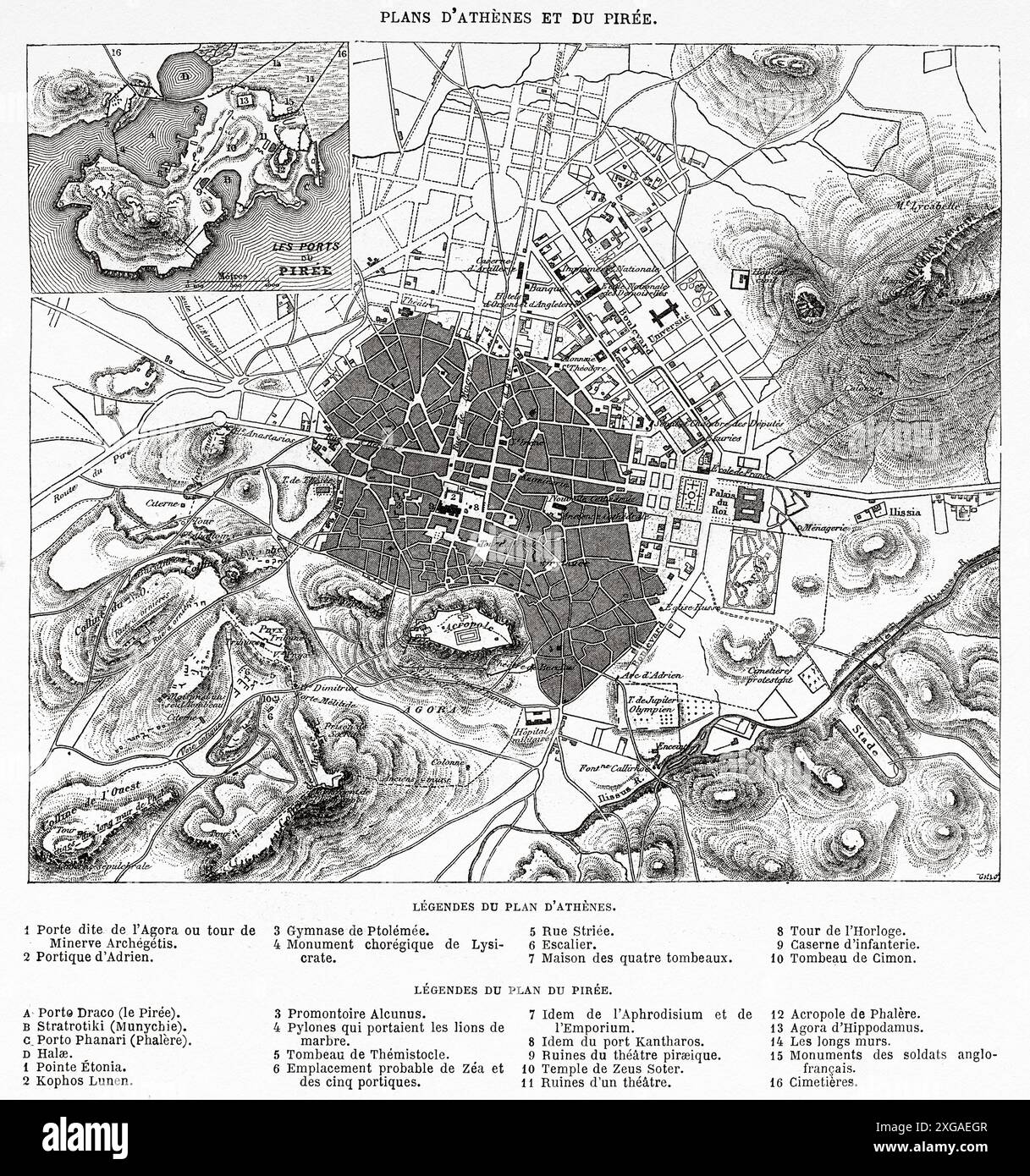 Vieille carte de la ville d'Athènes et le port du Pirée, Grèce. Un hiver à Athènes, 1857-1858 par Antonin Proust (1832-1905) le Tour du monde 1862 Banque D'Images